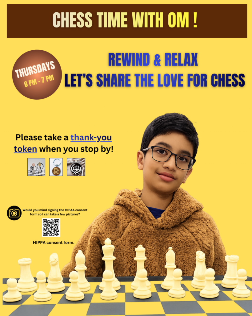 Chess Time with Om poster displayed at the Ronald McDonald House