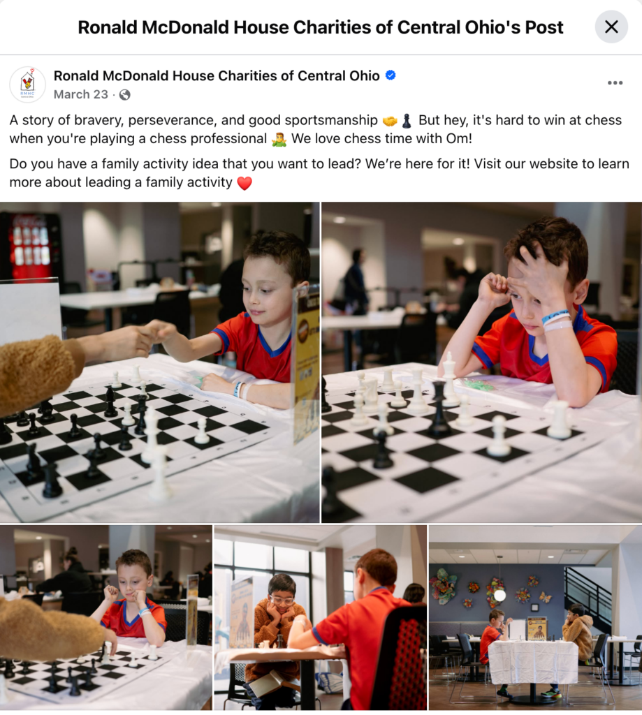 Ronald McDonald House Facebook post about the chess activity